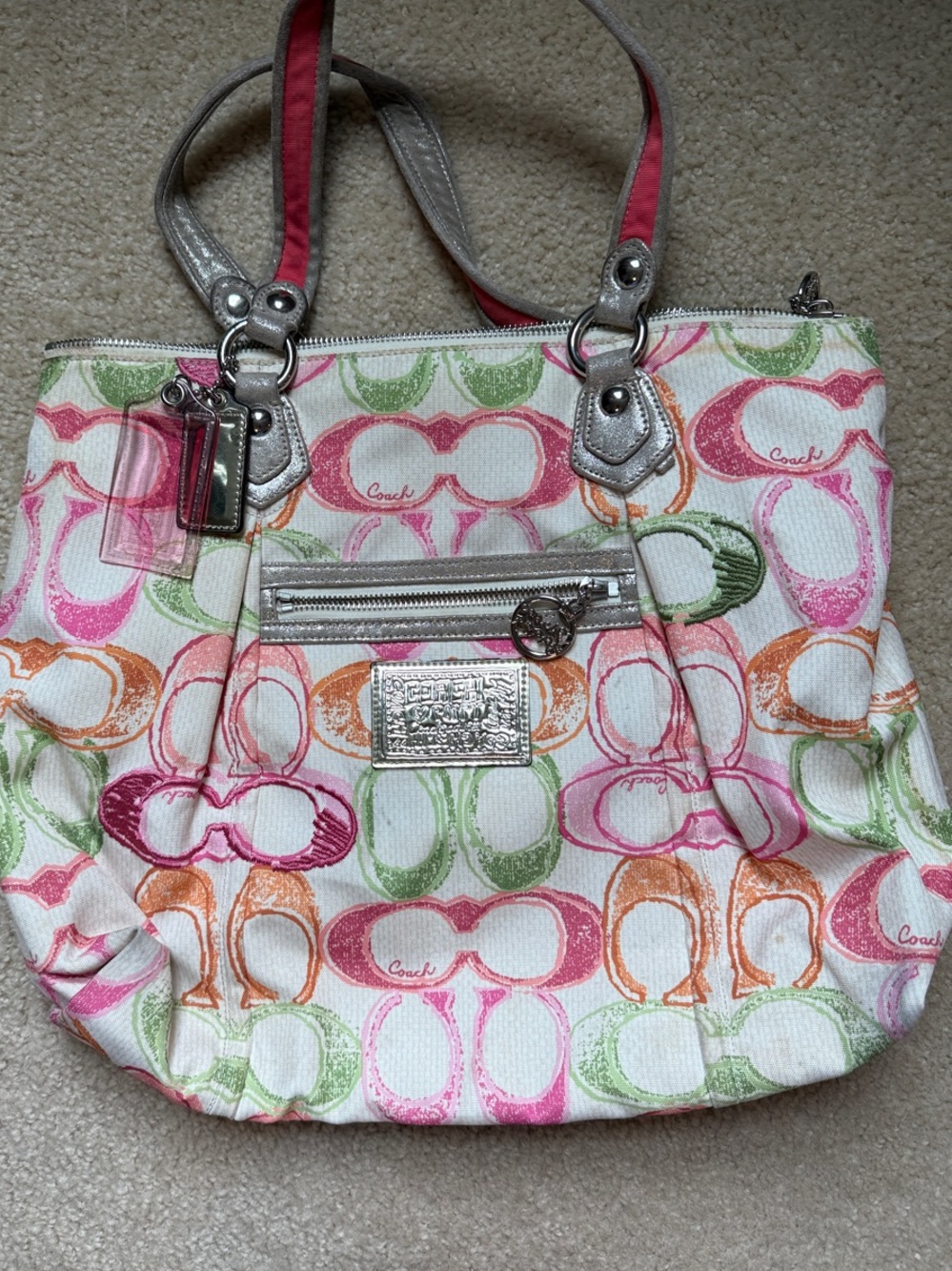 Coach Multicolor Signature Canvas Tote with Pink, Green, Orange, Cream Accents